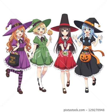 cute halloween witch girl holding pumpkin basket, anime style, transparent background, PNG sticker, halloween costume, trick or treat. 129270948