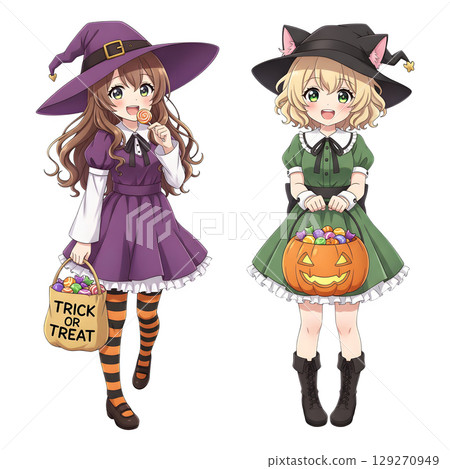 cute halloween witch girl holding pumpkin basket, anime style, transparent background, PNG sticker, halloween costume, trick or treat. 129270949