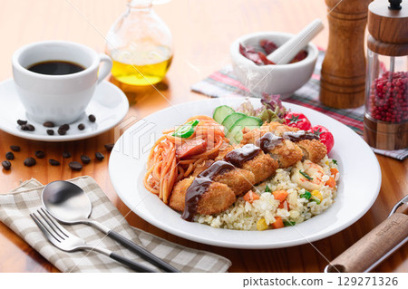 Cafe-style Turkish rice, Neapolitan and pork cutlet Western-style plate Cafe-style Turkish rice, Neapolitan and pork cutlet Western-style plate 129271326