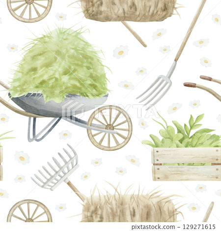 Farm gardening tools, hay stack and wooden crates watercolor seamless pattern on white. Wheelbarrow, pitchfork and boxes with greenery. Farming equipment repeat background in pastel beige and green Farm gardening tools, hay stack and wooden crates watercolor seamless pattern on white. Wheelbarrow, pitchfork and boxes with greenery. Farming equipment repeat background in pastel beige and green 129271615
