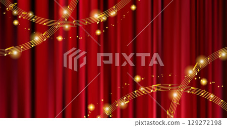 Gorgeous musical background with red curtains and dancing musical notes 129272198
