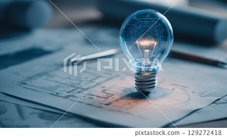 Light bulb glowing on architectural blueprint with pen and ruler in background, symbolizing creative ideas and innovation 129272418