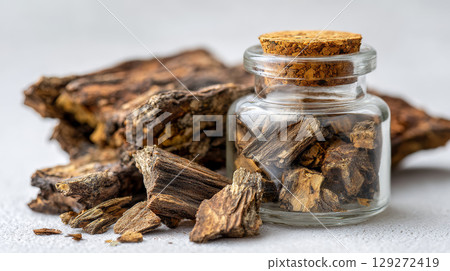 Dried herbal root pieces stored in small glass jar with cork lid, natural medicine concept with rustic texture and warm tones 129272419