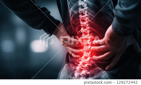 Lower back pain concept with highlighted spine and hands pressing painful area on body, showing discomfort and injury 129272442