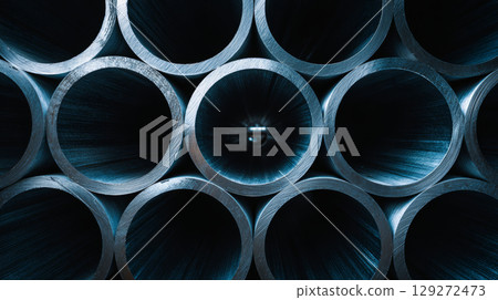 Metal pipe interior texture with dark blue lighting creating industrial and mysterious atmosphere 129272473
