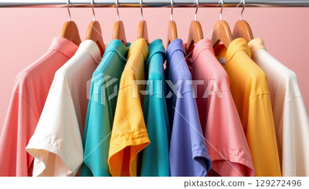 Colorful polo shirts hanging on wooden hangers on metal rack, showcasing vibrant and organized clothing display with pastel and bright tones 129272496