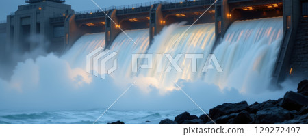 Closeup of dam releasing powerful water flow with mist and rocks in foreground during dusk lighting 129272497