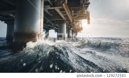 Offshore platform structure with large metal pillars standing in ocean waves under cloudy sky during daylight 129272581