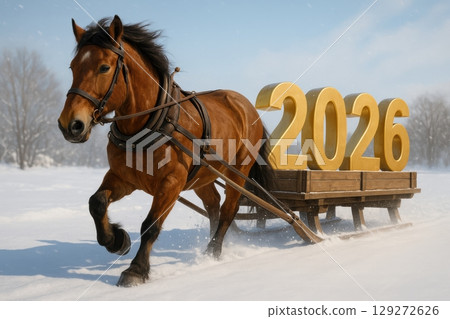 Realistic Horse and 2026 Sled in Bright Winter Scene 129272626