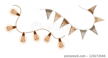 Retro bulbs elongated shape in outdoor holiday or curved garland in warm colors in Edison lamp design and wavy garland of triangular flags in earthy tones. Hand-drawn watercolor illustration 129272698