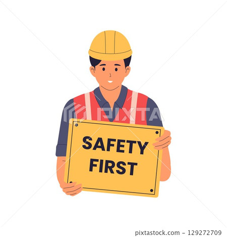 Construction Worker Holding Safety First Sign Illustration 129272709