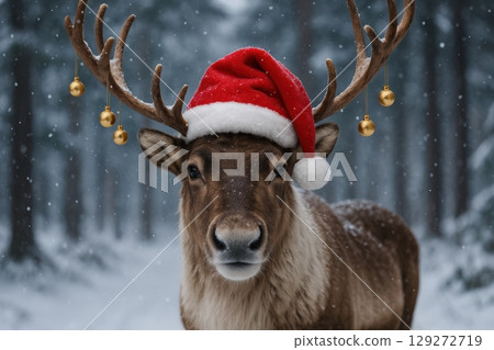 Photorealistic Reindeer in Snowy Forest with Santa Hat 129272719