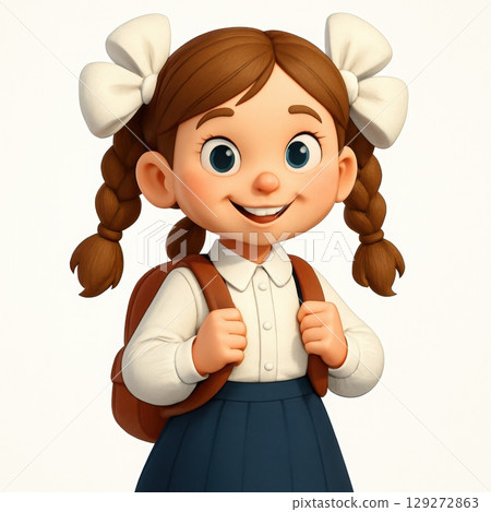 Cute Schoolgirl in Uniform with White Bows 129272863