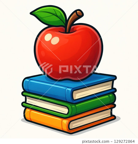 3D Red Apple with Leaf on Colorful Books 3D Red Apple with Leaf on Colorful Books 129272864