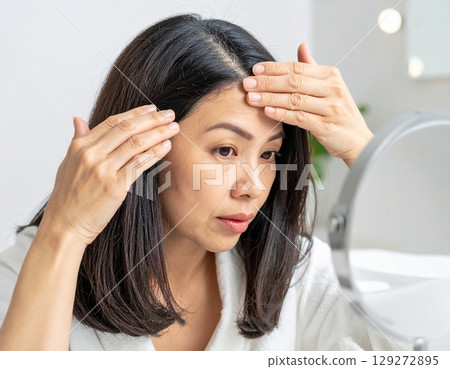 A woman who is concerned about thinning hair and touches her hairline while looking in the mirror 129272895