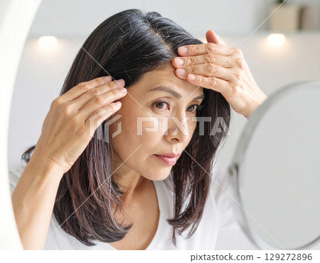 一位擔心頭髮稀疏的女性，照鏡子時摸了摸自己的髮線 129272896