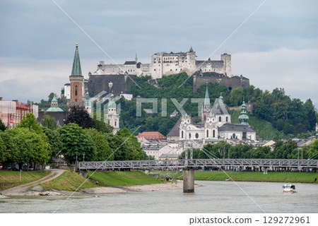 Salzach River and cityscape of Salzburg, birthplace of Mozart in Austria 129272961
