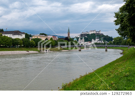 Salzach River and cityscape of Salzburg, birthplace of Mozart in Austria 129272963