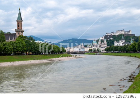 Salzach River and cityscape of Salzburg, birthplace of Mozart in Austria 129272965