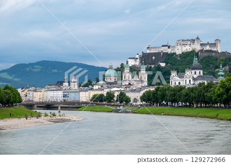 Salzach River and cityscape of Salzburg, birthplace of Mozart in Austria 129272966