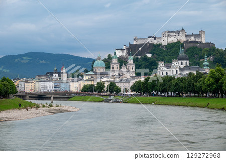 Salzach River and cityscape of Salzburg, birthplace of Mozart in Austria 129272968