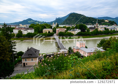 Salzach River and cityscape of Salzburg, birthplace of Mozart in Austria 129272971