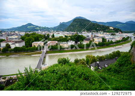 Salzach River and cityscape of Salzburg, birthplace of Mozart in Austria 129272975