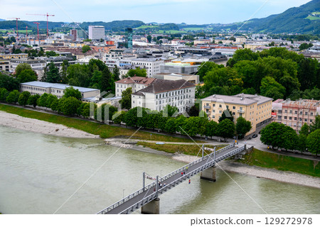 Salzach River and cityscape of Salzburg, birthplace of Mozart in Austria 129272978