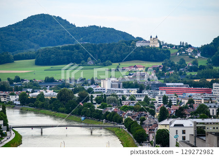 Salzach River and cityscape of Salzburg, birthplace of Mozart in Austria 129272982