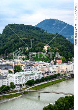 Salzach River and cityscape of Salzburg, birthplace of Mozart in Austria 129272988