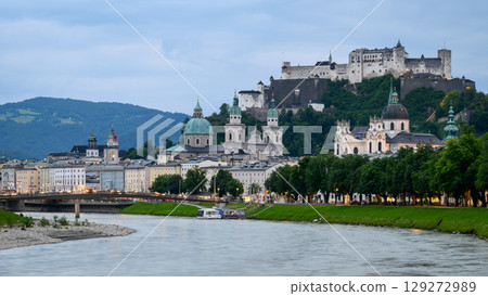 Salzach River and cityscape of Salzburg, birthplace of Mozart in Austria 129272989