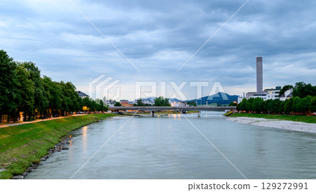 Salzach River and cityscape of Salzburg, birthplace of Mozart in Austria 129272991