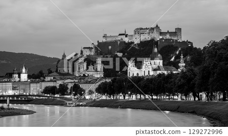 Salzach River and cityscape of Salzburg, birthplace of Mozart in Austria 129272996