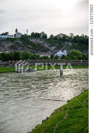 Salzach River and cityscape of Salzburg, birthplace of Mozart in Austria 129273003