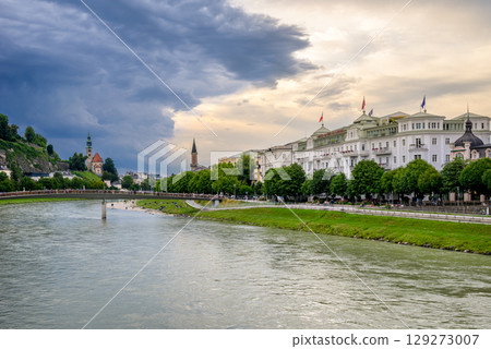 Salzach River and cityscape of Salzburg, birthplace of Mozart in Austria 129273007