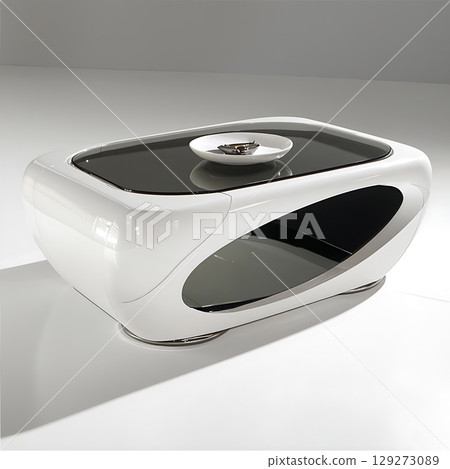 White coffee table with a black top and a silver base White coffee table with a black top and a silver base 129273089