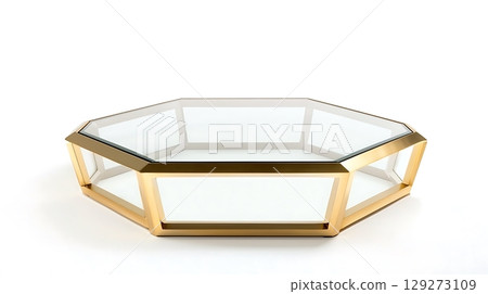 Large, gold colored table with a clear glass top 129273109