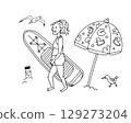 Girl with sup board on beach in summer. Black and white doodle illustration. Contoured, isolated illustration for design on white background. 129273204