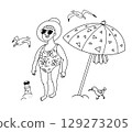 Woman on beach in summer. Black and white illustration. Outline, isolated illustration for design on white background. 129273205