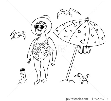 Woman on beach in summer. Black and white illustration. Outline, isolated illustration for design on white background. 129273205