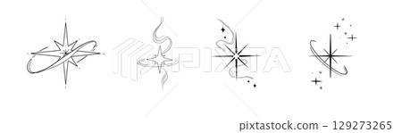 Trendy y2k line star, tattoo aesthetic doodle or sketch. Sparkle swirl silhouette line light, orbit move, trail. Retro space orbit geometric  129273265