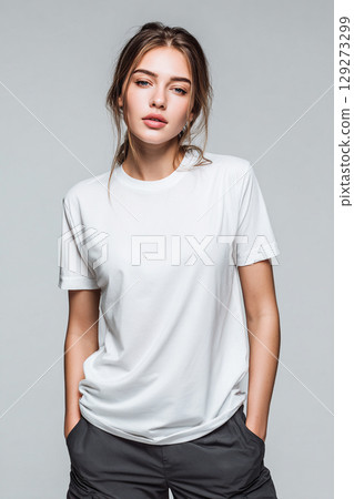 Mockup photo of a model wearing a plain white oversized t-shirt 129273299