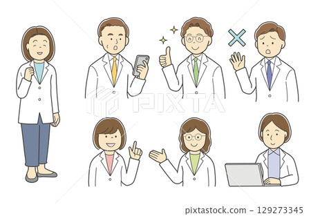 插圖組：微笑握拳的女工作人員和身穿白大褂的醫護人員 129273345