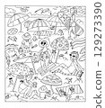 Funny people on beach in summer. Black and white doodle illustration for design and coloring. Outline on white background. Cartoon characters. 129273390