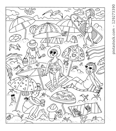 Funny people on beach in summer. Black and white doodle illustration for design and coloring. Outline on white background. Cartoon characters. 129273390
