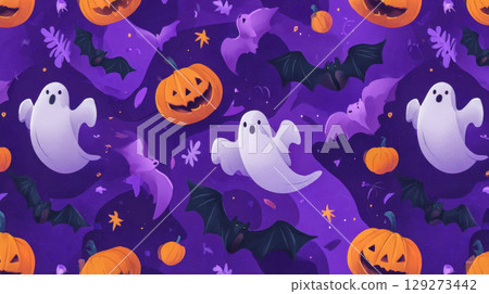 Seamless Halloween wallpaper with flying bats, orange pumpkins and white ghosts on purple background 129273442