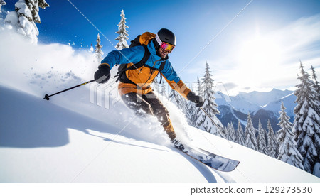 滑雪者從雪山上動態滑下 冬季運動 129273530