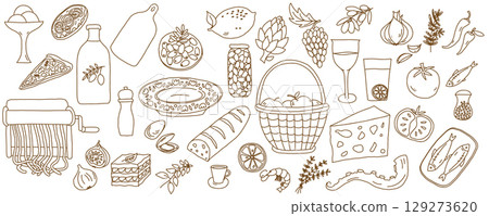Hand Drawn Mediterranean Food and Drink Sketch Illustration Set Hand Drawn Mediterranean Food and Drink Sketch Illustration Set 129273620