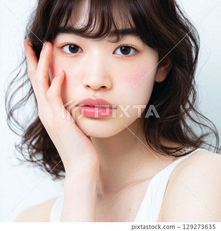 一位年輕美麗的女子，雙手托著臉頰 129273635