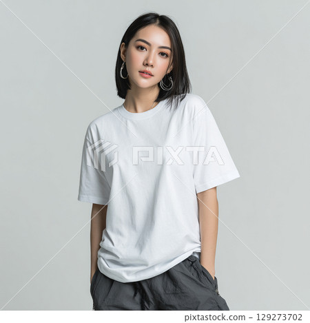 Mockup photo of a female model wearing a plain white T-shirt Mockup photo of a female model wearing a plain white T-shirt 129273702